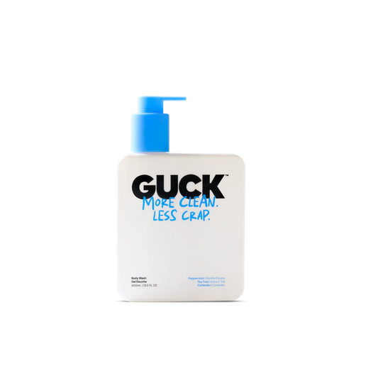 Bottle of GUCK with text on a white background