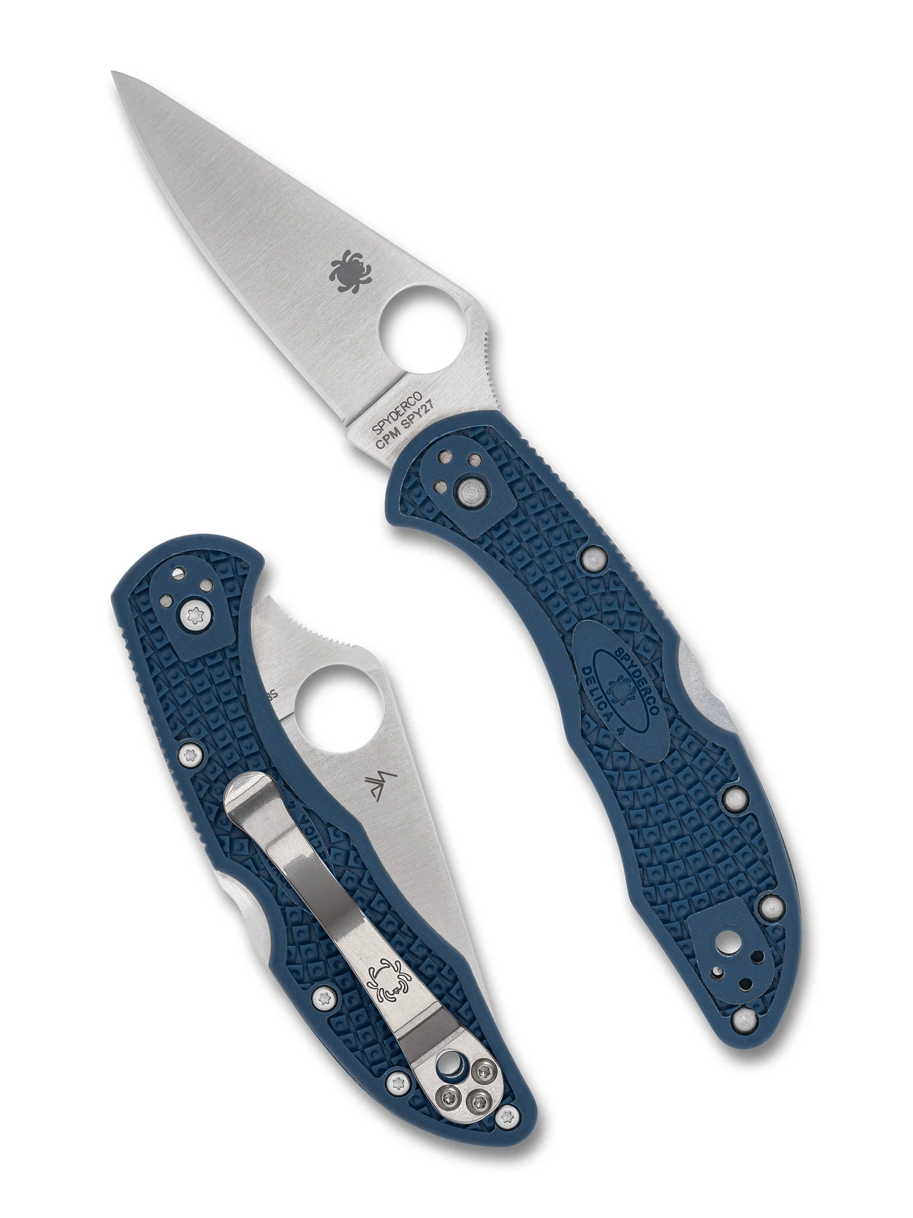 Spyderco Delica 4 CPM SPY27 pocket knife, shown open and closed, features a textured FRN handle and flat-ground stainless steel blade with reversible pocket clip.