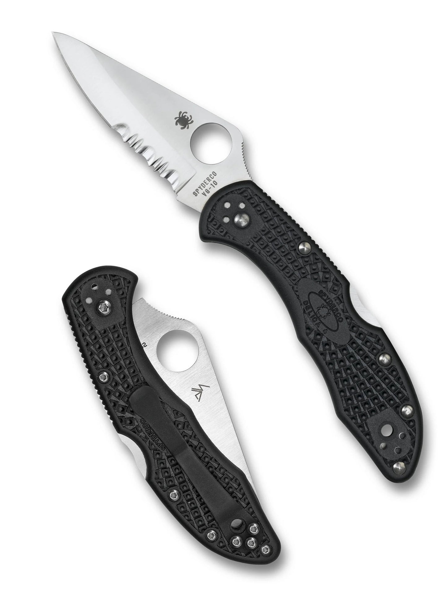 Spyderco Delica 4 Lightweight, featuring an open partially serrated blade and closed view with textured handle and pocket clip, ideal for everyday carry.