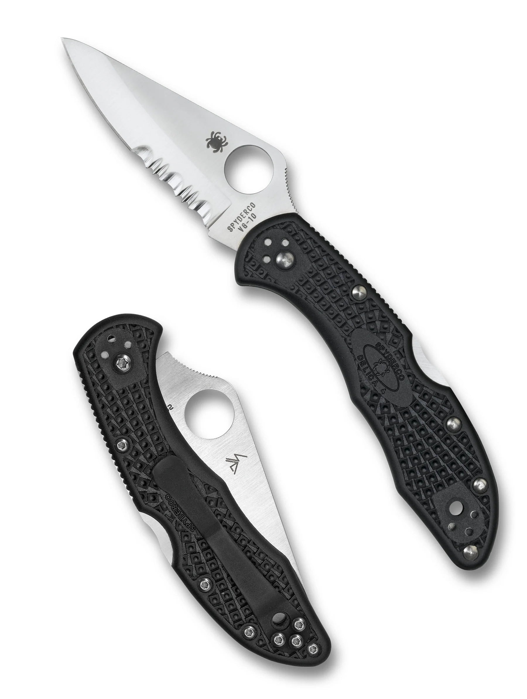 Spyderco Delica 4 Lightweight, featuring an open partially serrated blade and closed view with textured handle and pocket clip, ideal for everyday carry.