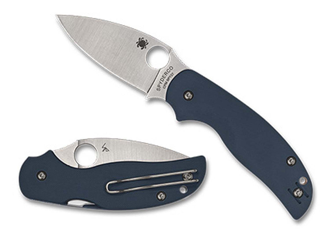 Folding knife with blue handle and silver blade on a white background