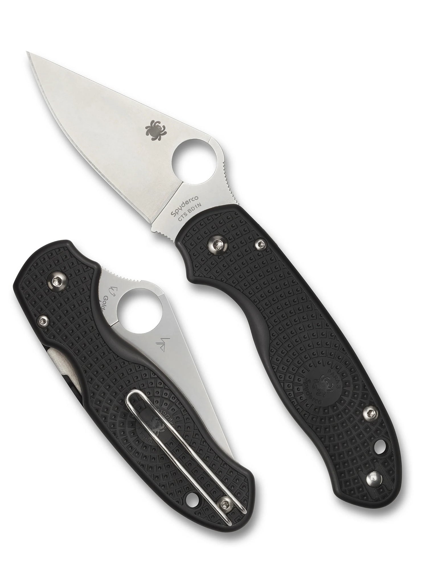 Spyderco Para 3 Lightweight folding pocket knife with textured FRN handle and round thumb-hole, shown open and closed, highlighting its lightweight, non-slip design.