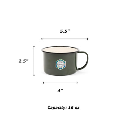 Crow Canyon Camp Wandawega Enamel Soup Mug, 16 oz capacity, featuring a hexagonal logo, 5.5 inches wide with handle, 2.5 inches tall, ideal for camping.