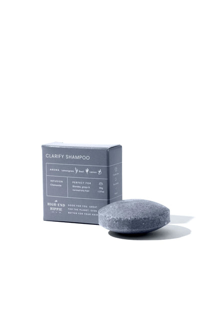 The High End Hippie Clarify Shampoo Bar in box, showcasing vegan, cruelty-free qualities, ideal for blonde and gray hair, promising up to 40 washes per mini bar.