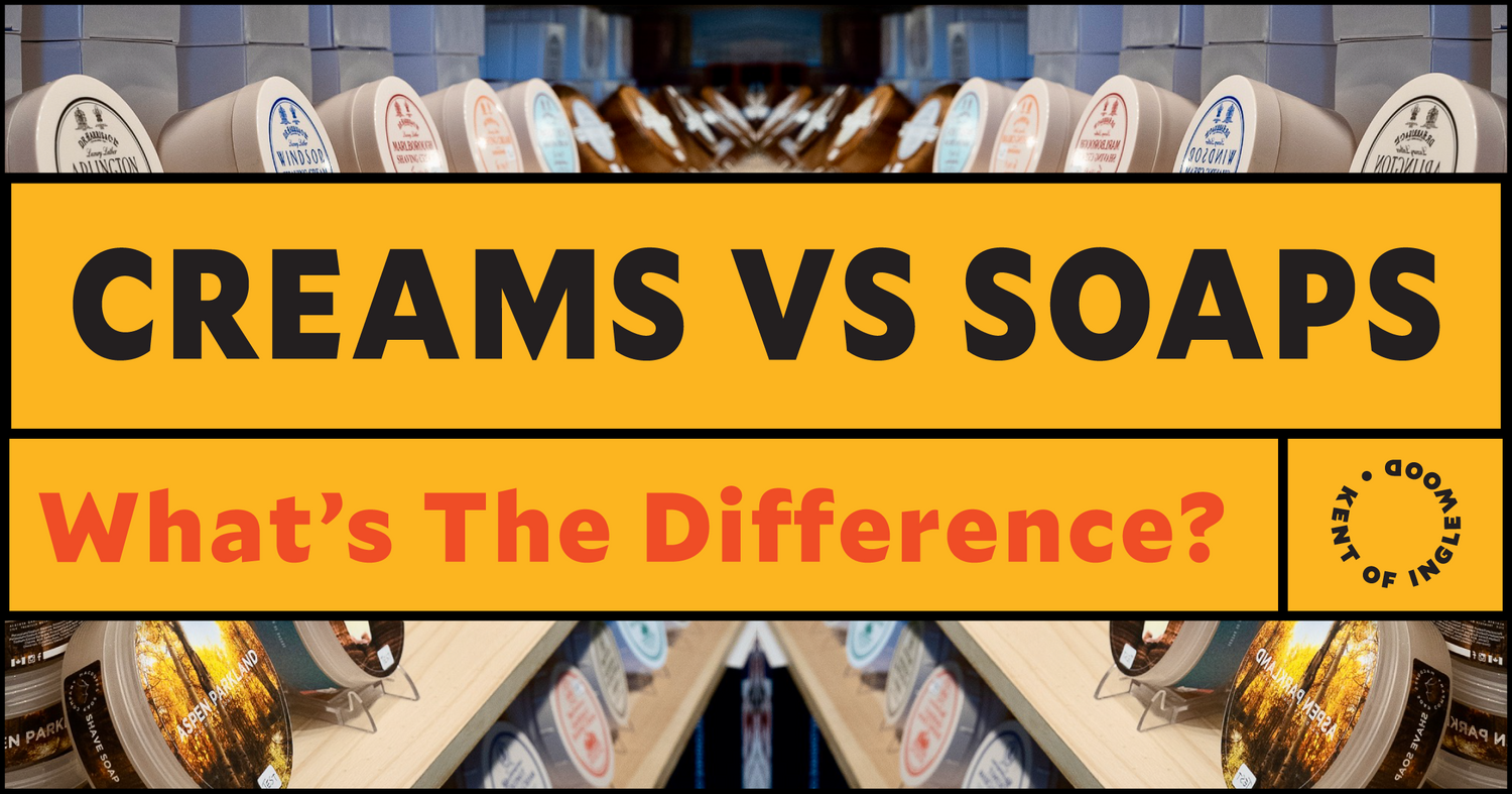 Comparison banner between creams and soaps with product display in the background.