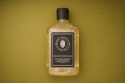 An 8oz bottle of Crown Shaving Co. Fortifying Shampoo, featuring a clear design with a black label and cap, rests on a textured olive-green background. The mostly full bottle, displaying some visible bubbles inside, emphasizes its sulfate- and paraben-free formula—perfect for gentle yet effective scalp cleansing.