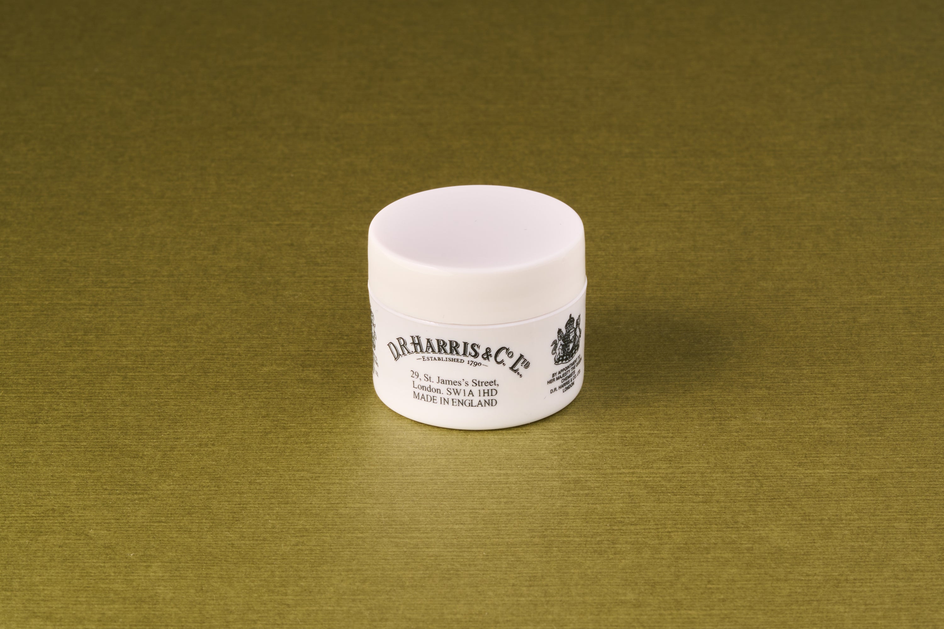 D.R. Harris Lip Balm in a classic white jar, renowned for exceptional moisture and protection, embodying Kent of Inglewood's dedication to quality grooming products.