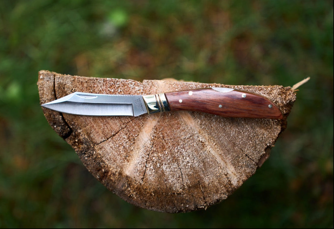 Knife with a wooden handle on a piece of wood against a blurred natural background