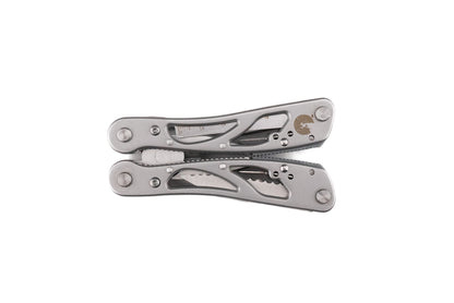 Captain Stag Multi-Tool Plier 13 UM-1538, a compact stainless-steel tool featuring serrated and straight blades, a ruler, and hinges for various functions.