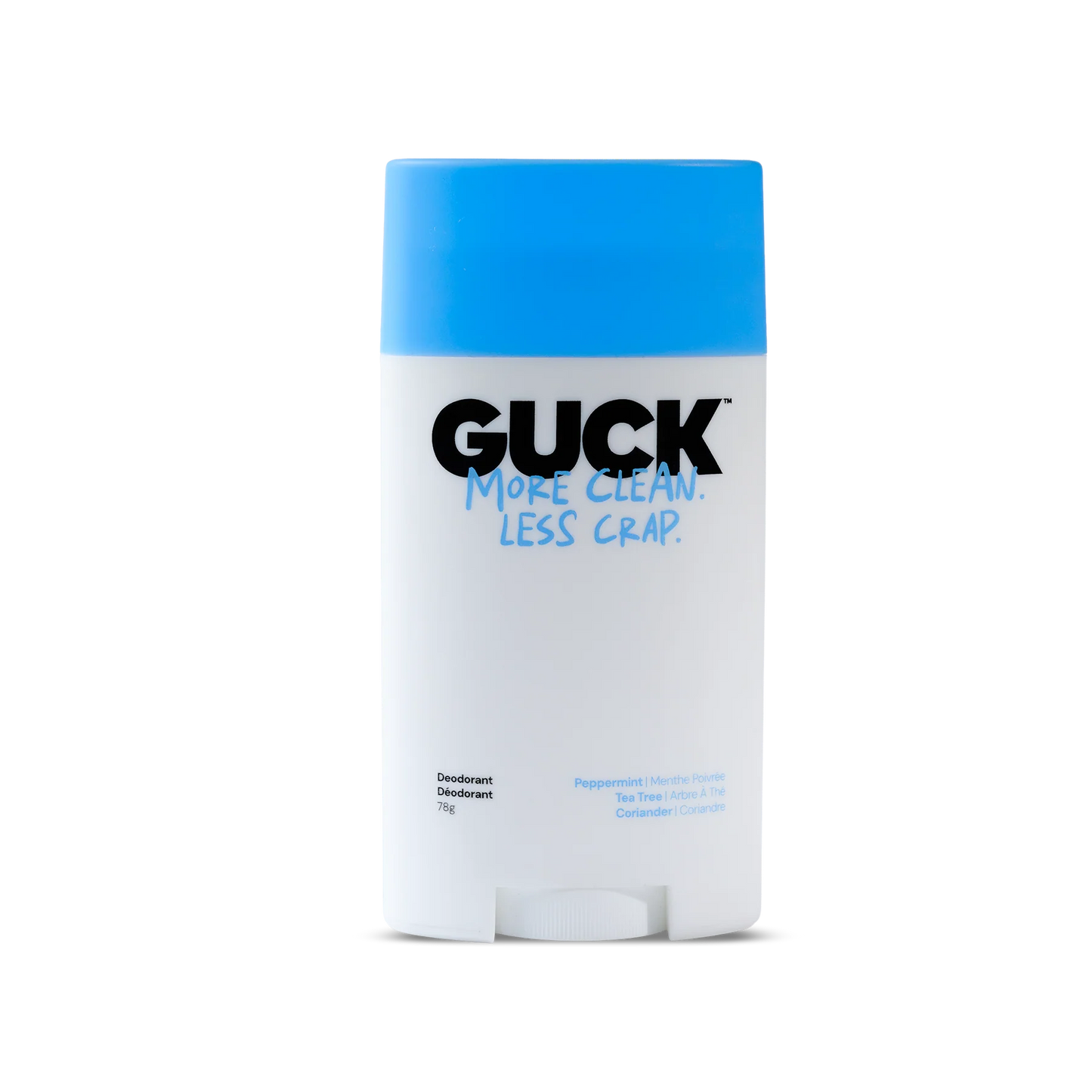 Deodorant stick with blue cap and white body on a white background