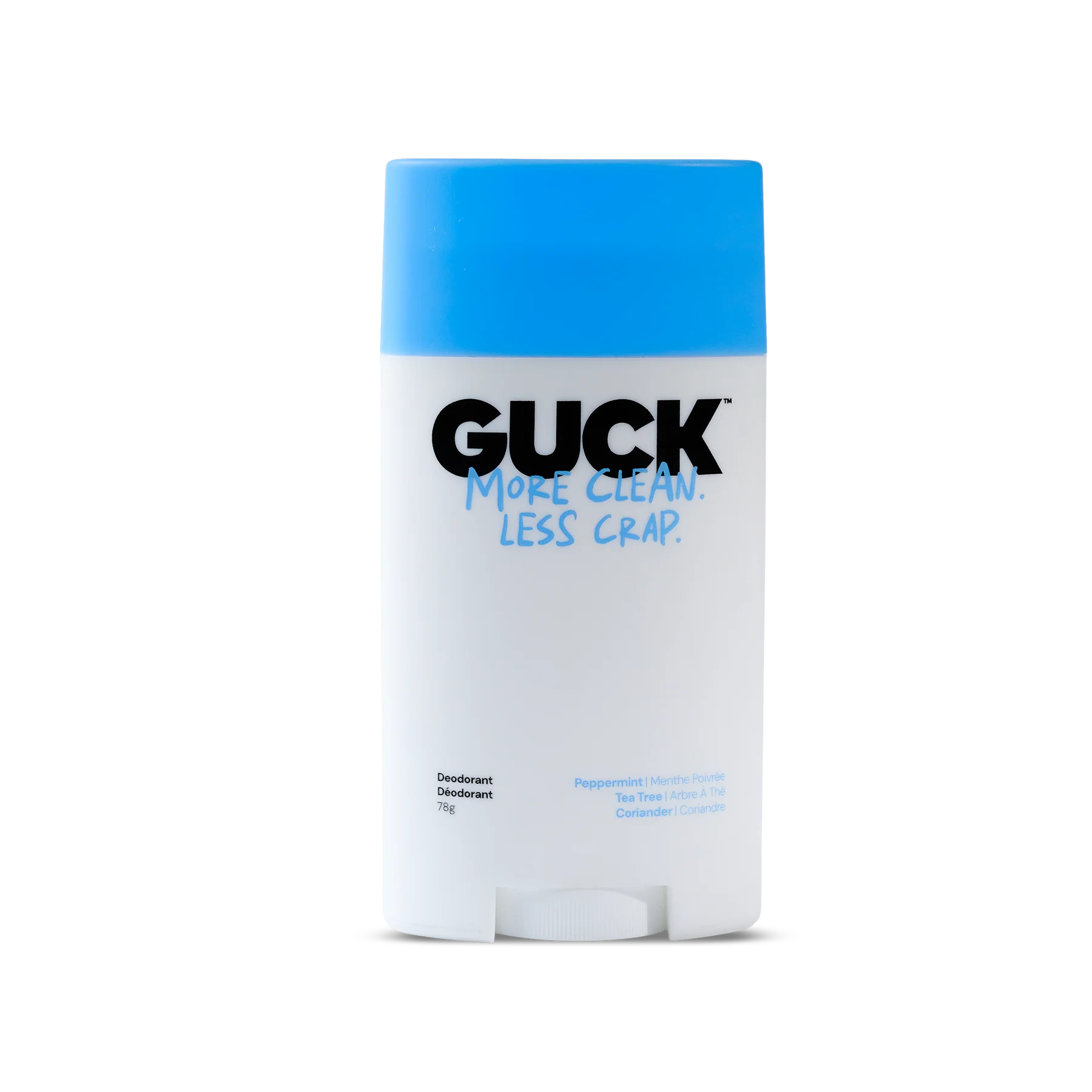 Deodorant stick with blue cap and white body on a white background