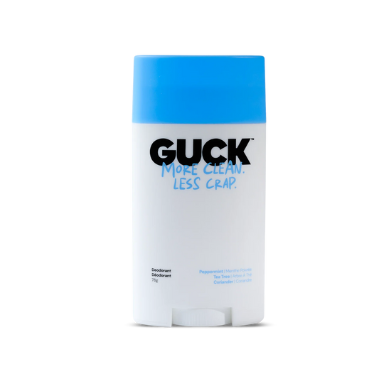 Deodorant stick with blue cap and white body on a white background
