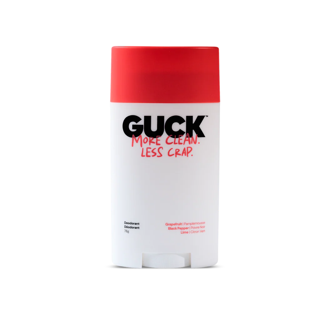Deodorant stick with red cap and black text on a white background
