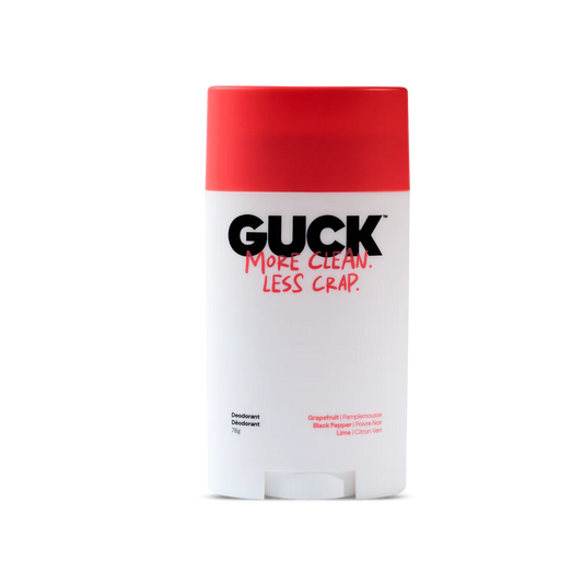 Deodorant stick with red cap and black text on a white background