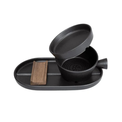 Dovo Shave Ritual - Ceramic Shaving Set showcasing an elegant stoneware bowl, lid, and smoked oak razor tray for a refined shaving experience.