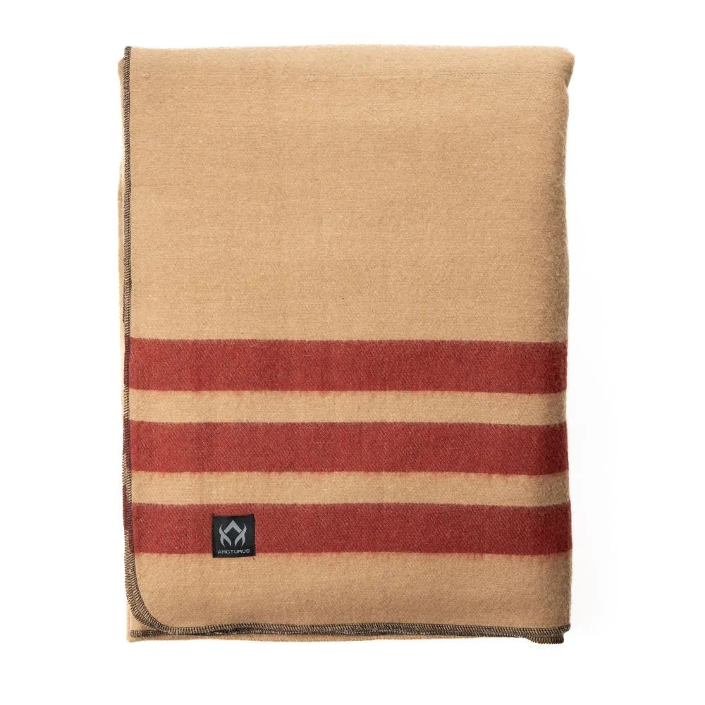 Beige and red striped blanket with a brand logo on a white background