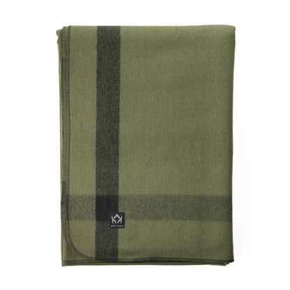 Arcturus Rainier Wool Blanket, olive-green with accent stripes, folded showing the Arcturus logo label, ideal for camping and outdoor use.