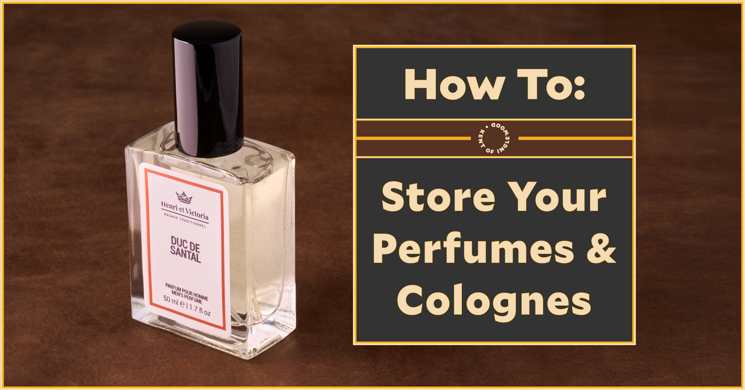 Perfume bottle with a label on a brown background, accompanied by text about storing perfumes and colognes.