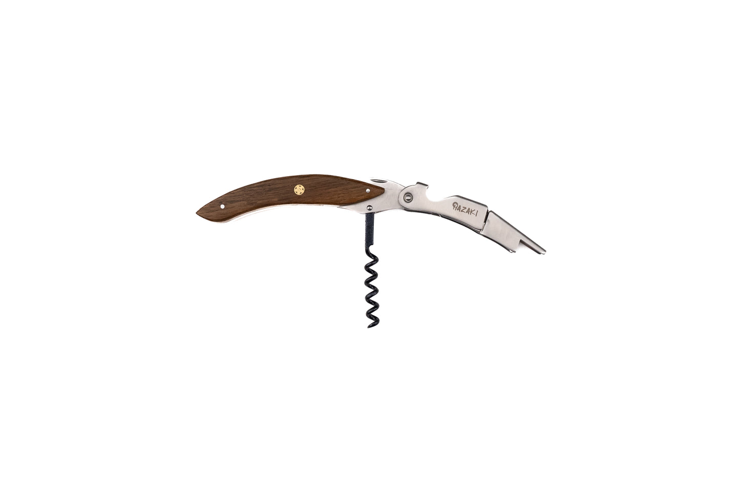 The Hazaki Wine Corkscrew & Bottle Opener is a two-step tool featuring a curved handle crafted from Canadian White Oak, combined with durable metal components and an integrated bottle opener, shown isolated on a white background.