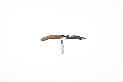 The Hazaki Wine Corkscrew & Bottle Opener, featuring a Canadian White Oak wooden handle and a metal lever in a two-step design, is centered on a white background.