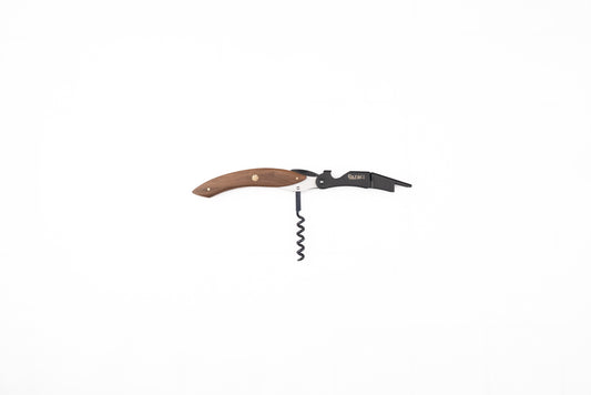 The Hazaki Wine Corkscrew & Bottle Opener, featuring a Canadian White Oak wooden handle and a metal lever in a two-step design, is centered on a white background.