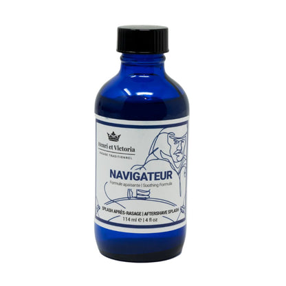 Henri et Victoria - Navigateur Aftershave Splash, 114ml cobalt-blue glass bottle, black cap, white label with a sailor line drawing.