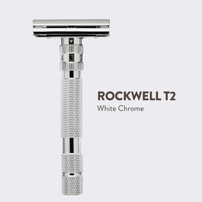 Polished chrome Rockwell Razors T2 safety razor with adjustable dial set to 3, featuring a textured grip and butterfly opening for precise shaving.