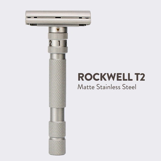 Rockwell Razors T2 safety razor with matte stainless steel finish, knurled handle, adjustable settings, and butterfly mechanism, ideal for varied shaving routines.