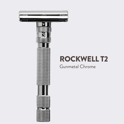 Rockwell Razors T2 adjustable safety razor in gunmetal/chrome, featuring a butterfly mechanism and six settings for versatile shaving, displayed without a stand.