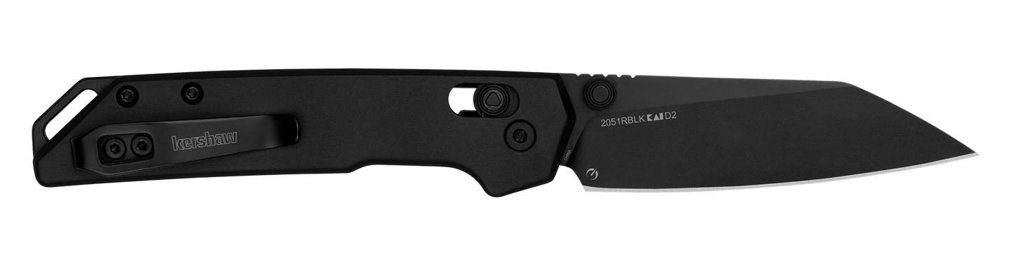 Kershaw Iridium Reverse Tanto pocket knife with black D2 tool steel blade, visible pocket-carry clip, and thumb-stud/flipper for one-handed opening, showcasing precision-focused design.