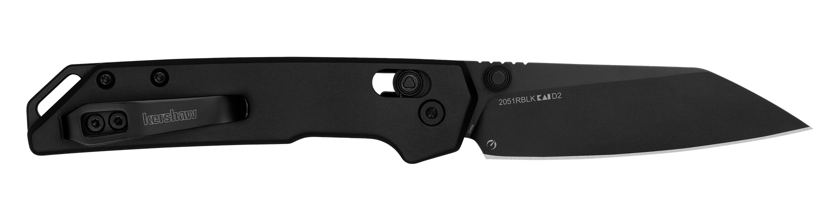 Kershaw Iridium Reverse Tanto pocket knife with black D2 tool steel blade, visible pocket-carry clip, and thumb-stud/flipper for one-handed opening, showcasing precision-focused design.