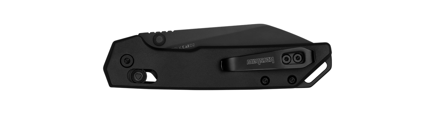 Kershaw Iridium Reverse Tanto pocket knife, closed and compact, featuring a sleek black finish and Kershaw pocket-clip, ideal for precision tasks.