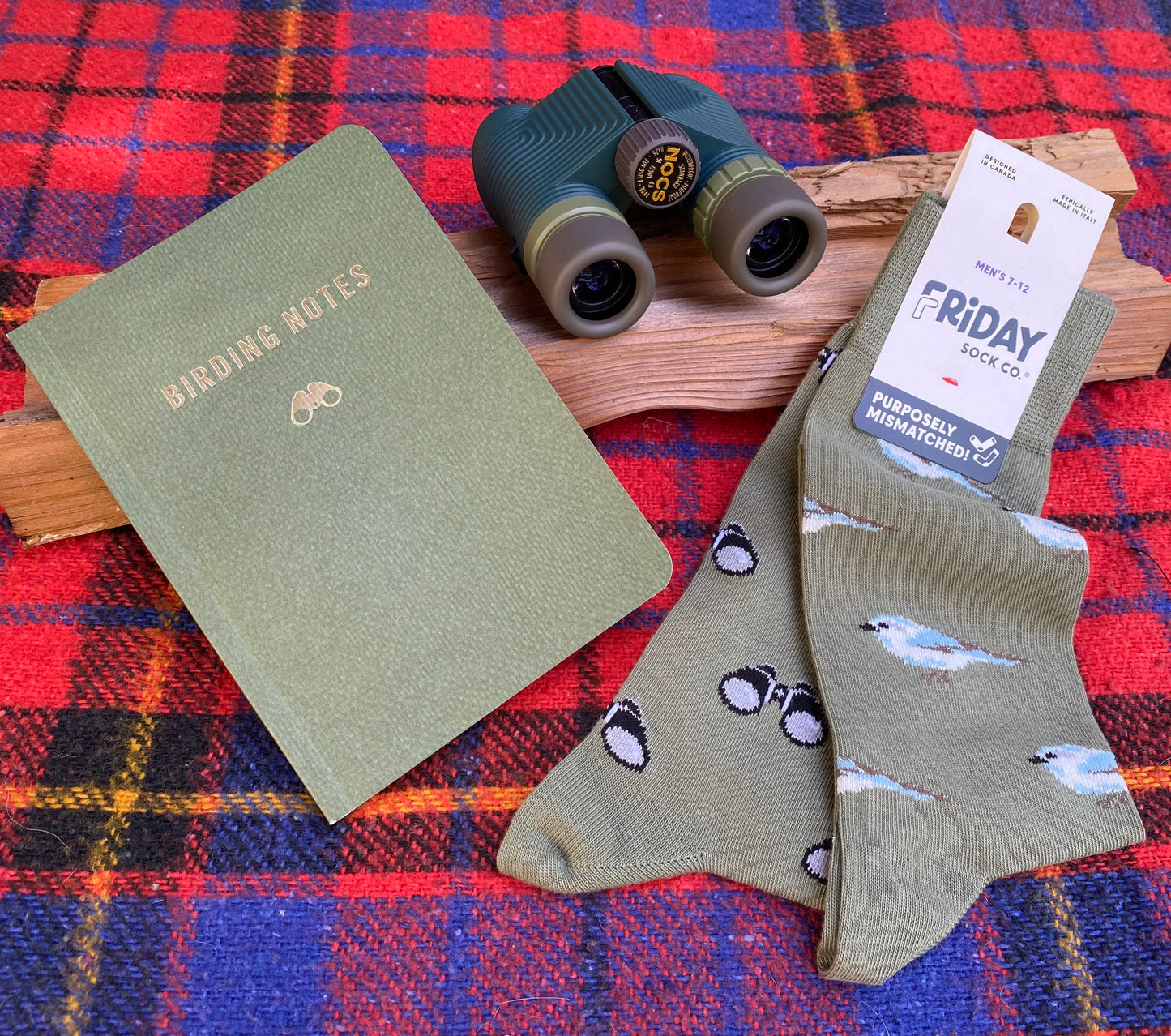 Green notebook, binoculars, and bird-themed socks on a plaid fabric background