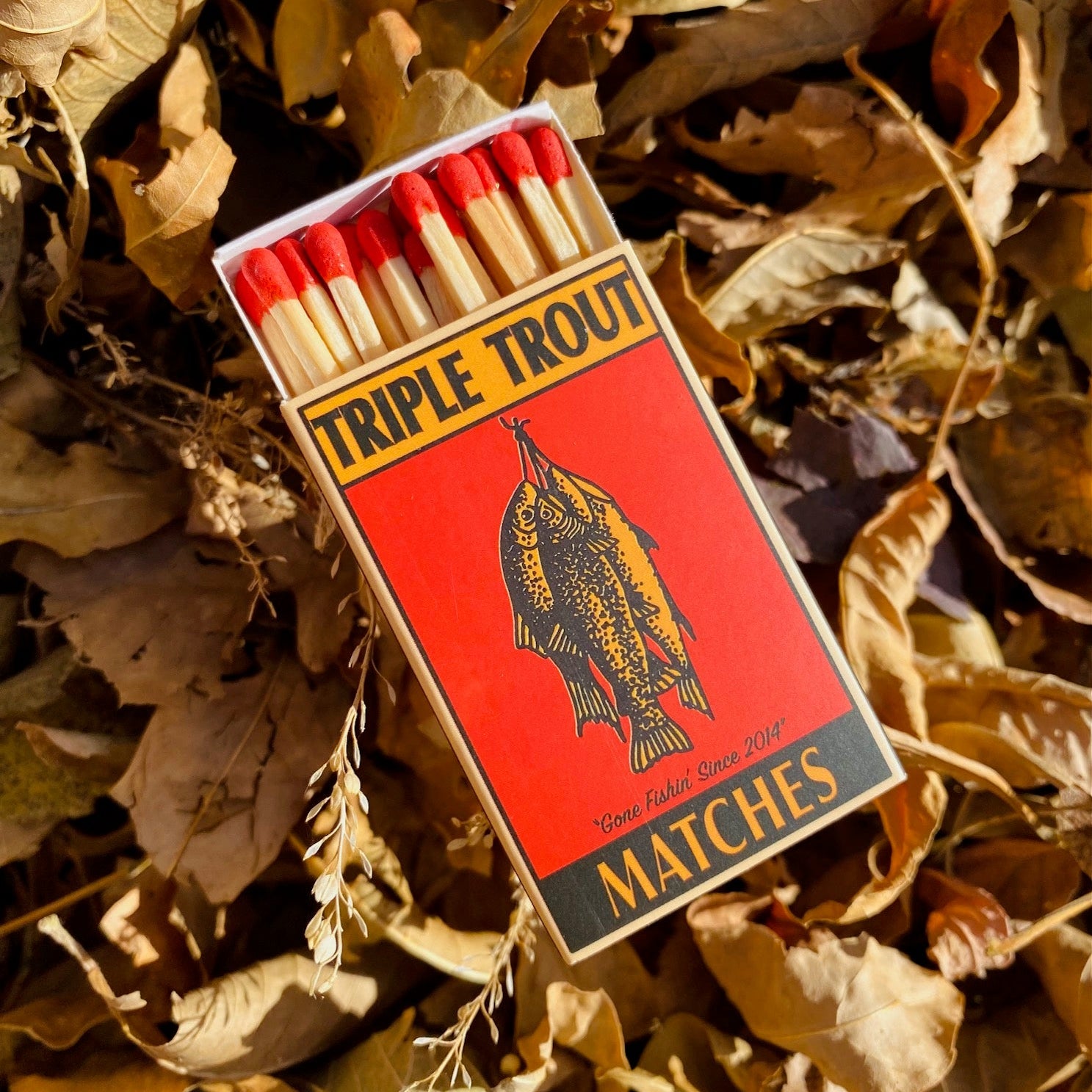Triple Trout matches box on a bed of dried leaves