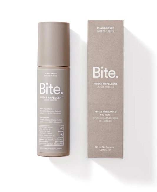 A bottle and box of Bite Insect Repellent - 120mL, a plant-based formula for effective mosquito and tick protection, are displayed upright on a white background. The packaging is taupe with white text.