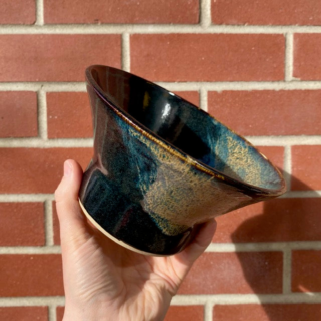 Sosan Fong Shave Bowl, a handcrafted ceramic vessel with deep blues and golden-brown drips, designed for effective lathering and luxurious shaving experience.