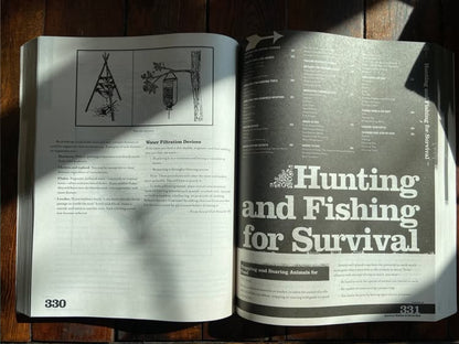 Open pages of Survival Wisdom & Know-How, featuring water filtration methods and a chapter on hunting and fishing, emphasizing essential wilderness survival skills.