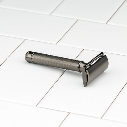 Budget Shaving Kit featuring a traditional metal safety razor with a knurled handle, ideal for a classic, eco-friendly shaving experience.