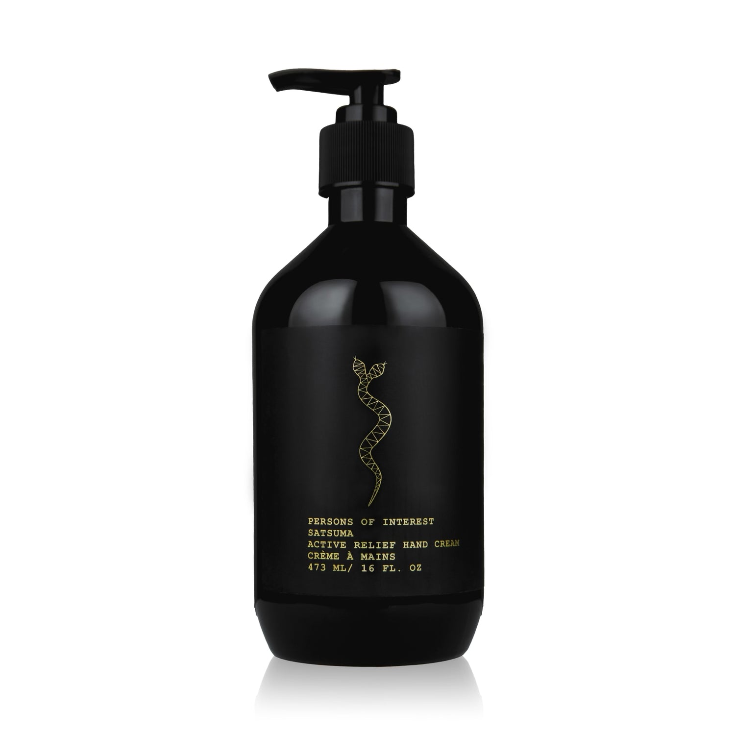 Persons of Interest Satsuma Active Relief Hand Cream, 473 mL, features a gold snake graphic. Deeply soothing for hardworking hands with shea butter and avocado oil.