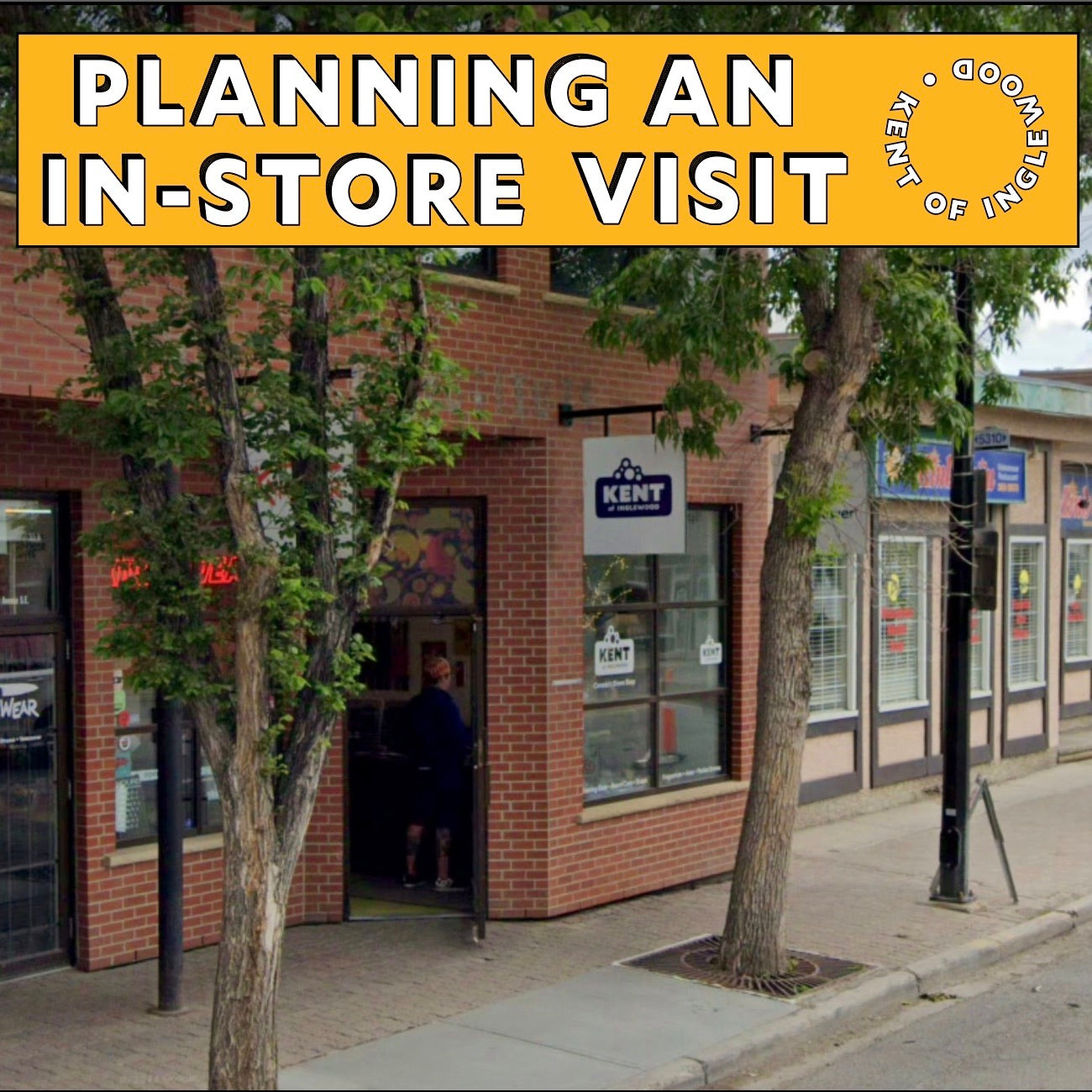 planning an in-store visit banner over a photo of a brick building