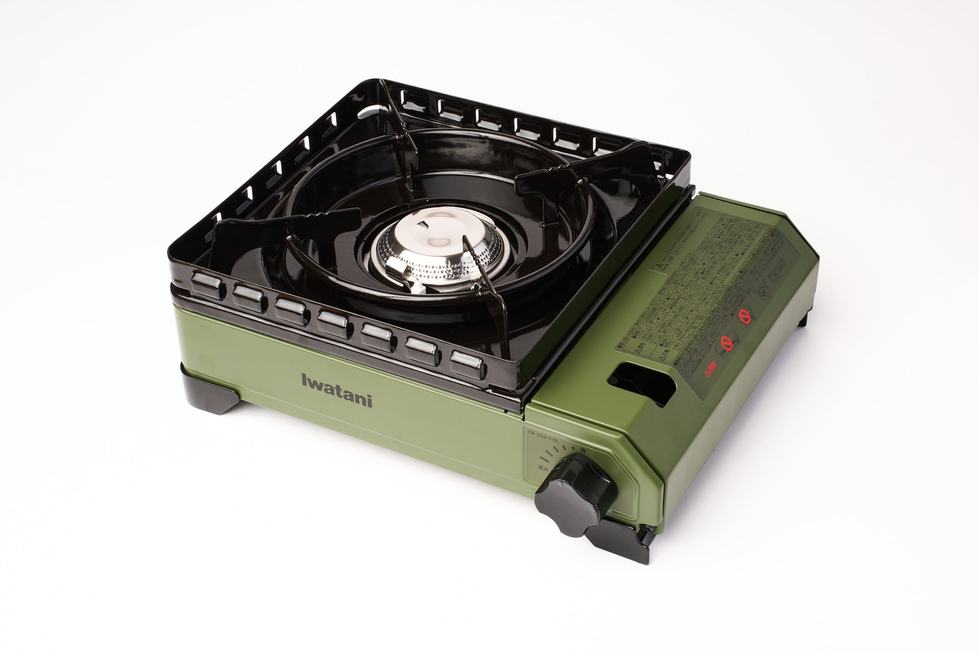 A green Iwatani Cassette Konro "Tough Maru" Portable Stove featuring a single burner, black grate, and control knob is displayed against a white background. Ideal for camping, this stove offers both convenience and dependable performance.