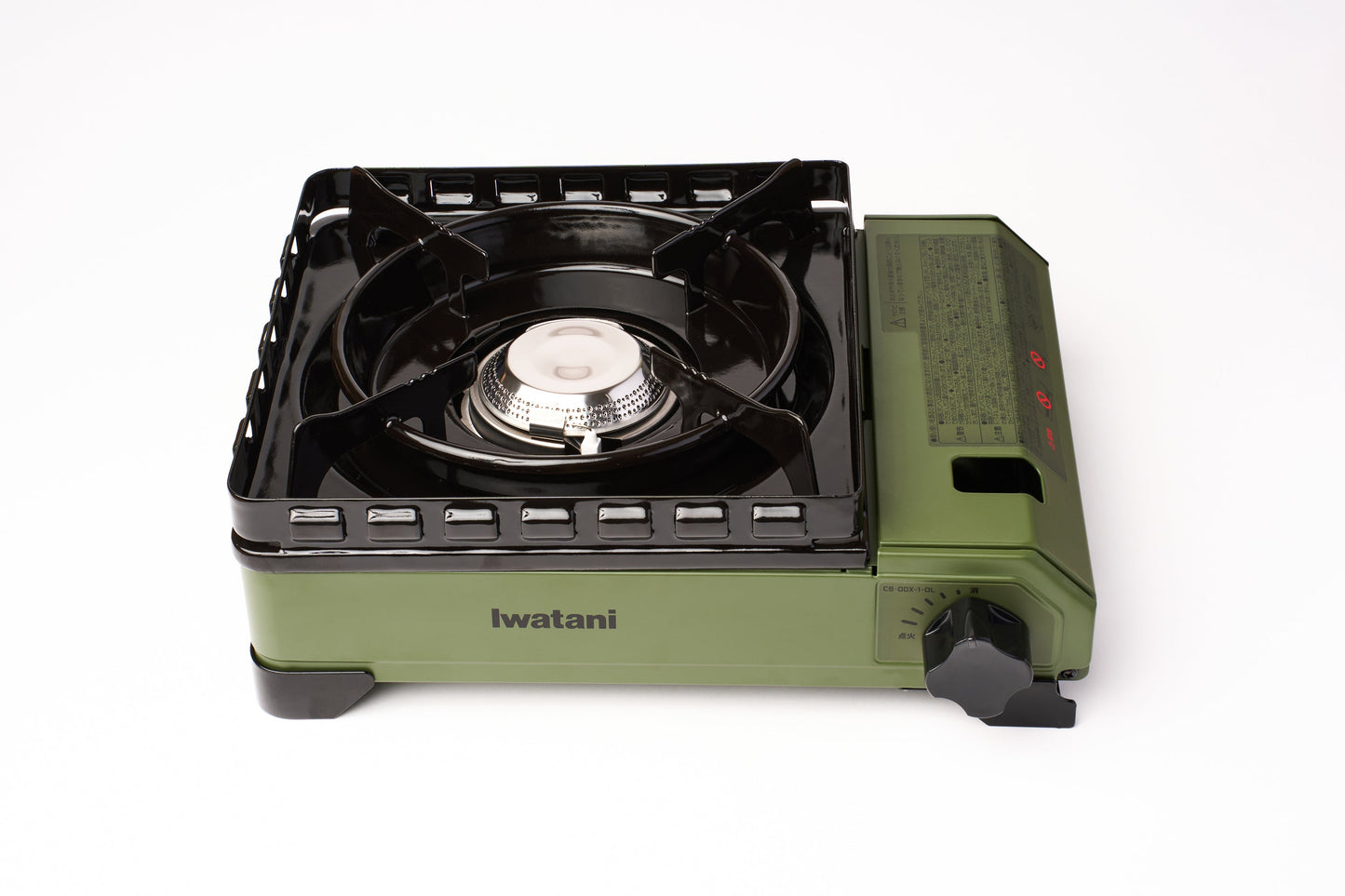 A portable green Iwatani Cassette Konro "Tough Maru" Portable Stove featuring a single burner, black grate, and a control knob on the right side, displayed against a plain white background.