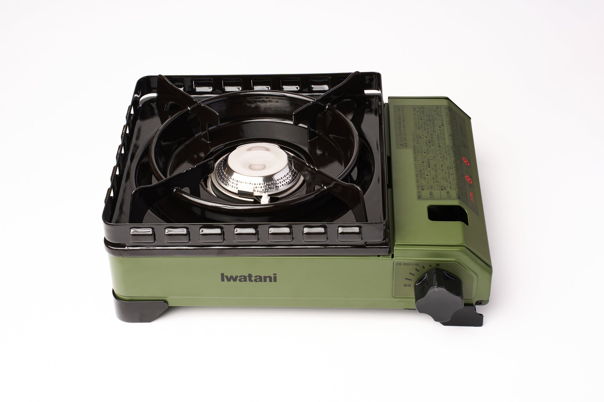 A portable green Iwatani Cassette Konro "Tough Maru" Portable Stove featuring a single burner, black grate, and a control knob on the right side, displayed against a plain white background.
