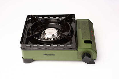 A portable green Iwatani Cassette Konro "Tough Maru" Portable Stove featuring a single burner, black grate, and a control knob on the right side, displayed against a plain white background.