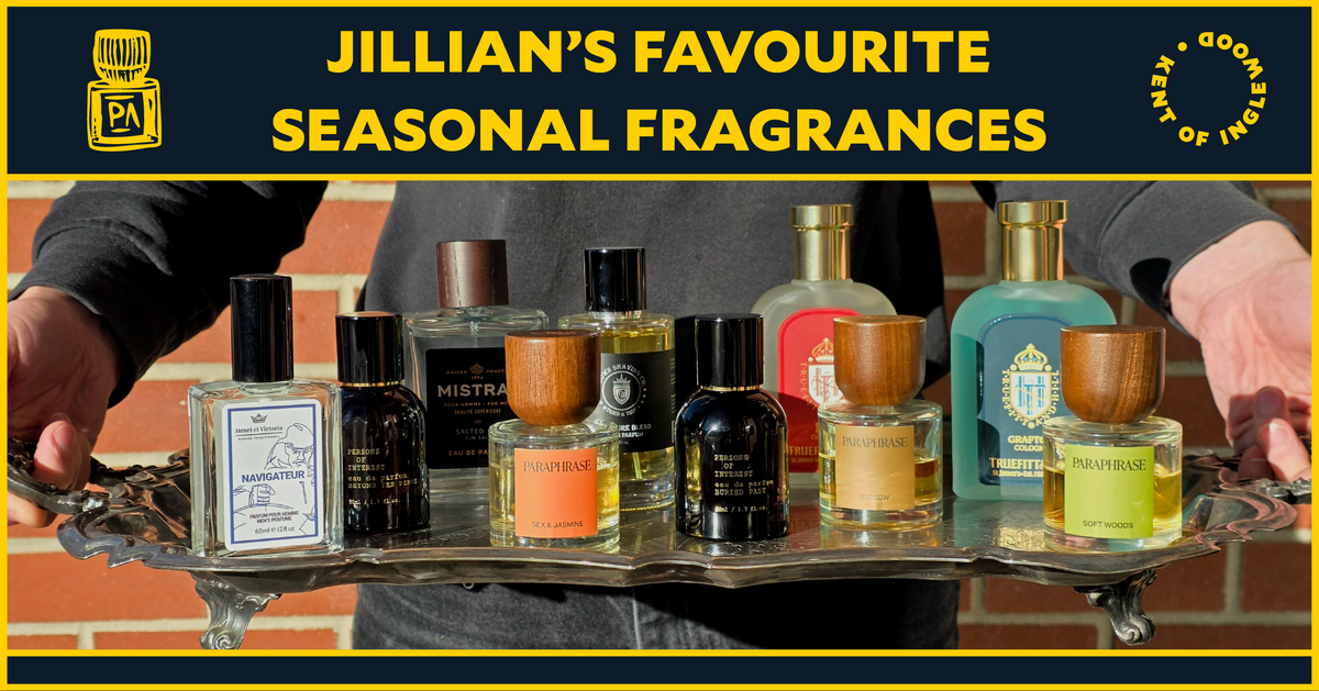Collection of perfumes on a tray with 'Jillian's Favourite Seasonal Fragrances' text and a brand logo.