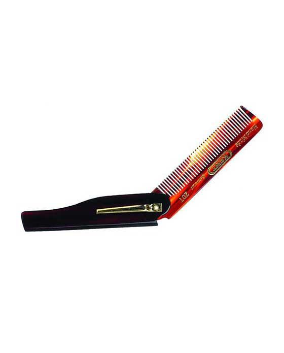 Kent of England 20T Folding Pocket Moustache Comb, a compact, cellulose acetate comb with pivoting handle, featuring hand-polished, rounded teeth for healthy, static-free hair.