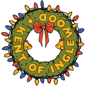 Christmas wreath with colorful lights and text on a white background