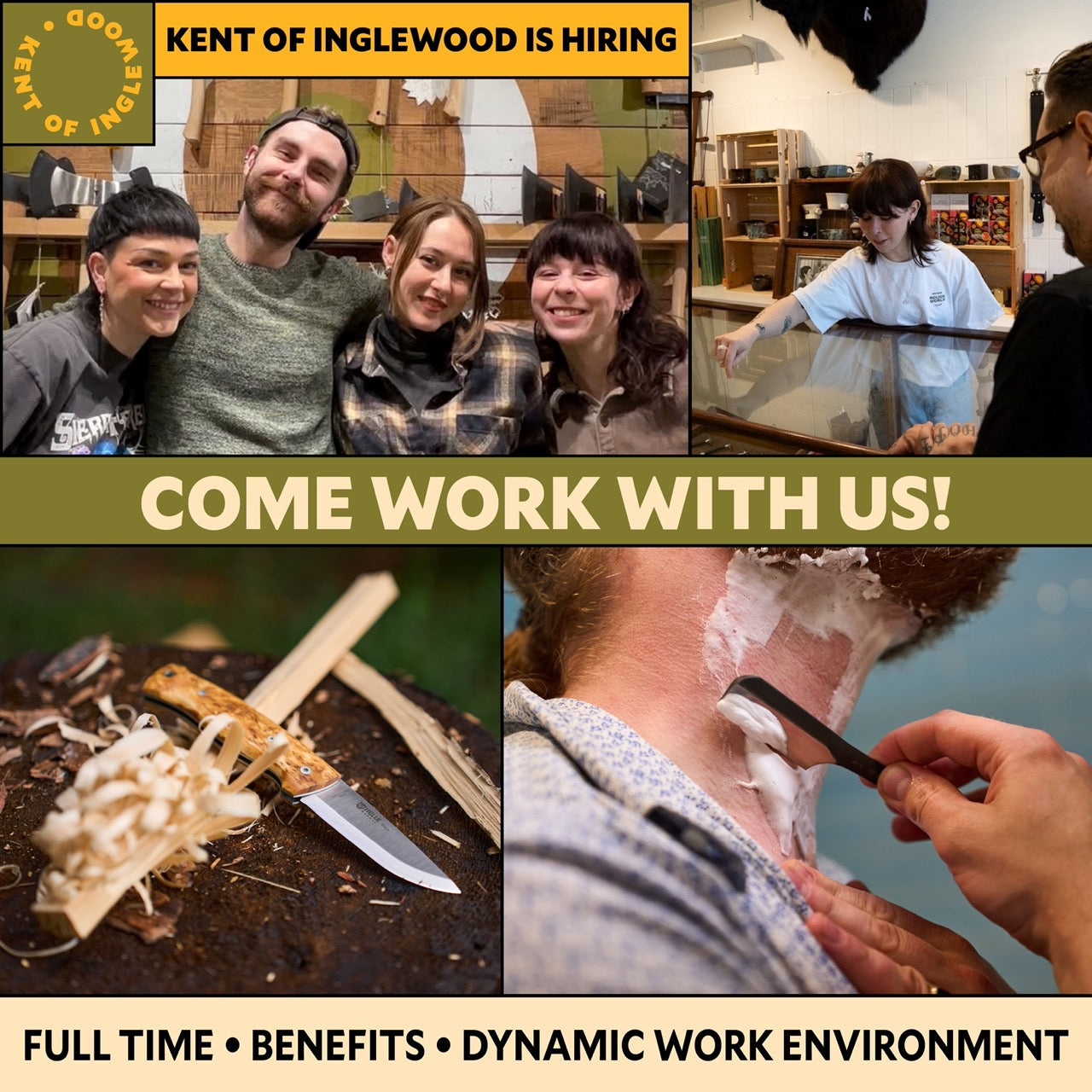 Advert showing people working at kent of inglewood underneath text saying we are hiring - come work with us!