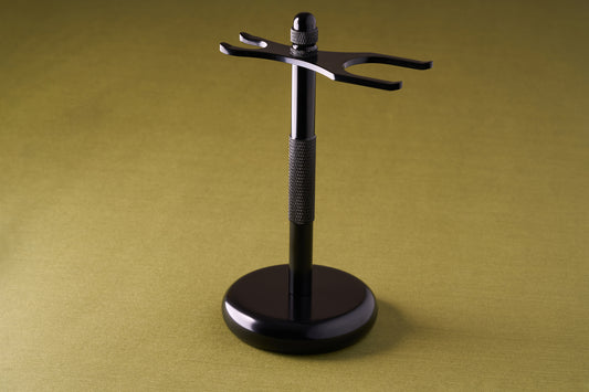 Kent of Inglewood Brush and Razor Stand, a durable matte black metal stand, designed to neatly organize shaving brushes and razors.