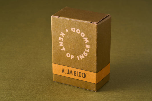 Kent of Inglewood Potassium Alum Block, effective for shaving nicks and irritation relief, shown in branded packaging with clear instructions for use.